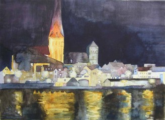 Rostocker Altstadt bei Nacht (c) Aquarell von Frank Koebsch