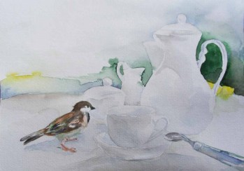 Besuch bei der Kaffeetafel (c) Spatzen Aquarell von Frank Koebsch