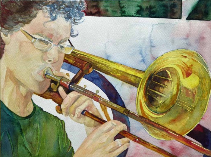 Ingo with his trombone (c) Jazz Aquarell von Frank Koebsch