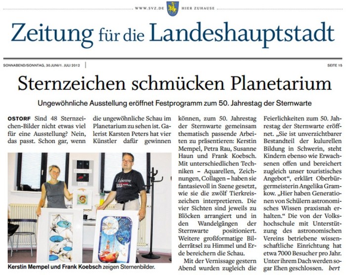 Schweriner Volkszeitung berichtet über die Ausstellung unserer Sternzeichen in der Sternwarte Schwerin 2012 06 30