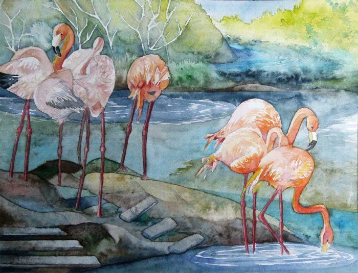 Exoten in Orange und Rosa (c) Flamingos in einem Aquarell von Frank Koebsch