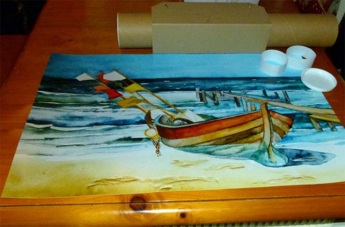 Posterdruck vom Aquarell Boot am Strand (c) Frank Koebsch