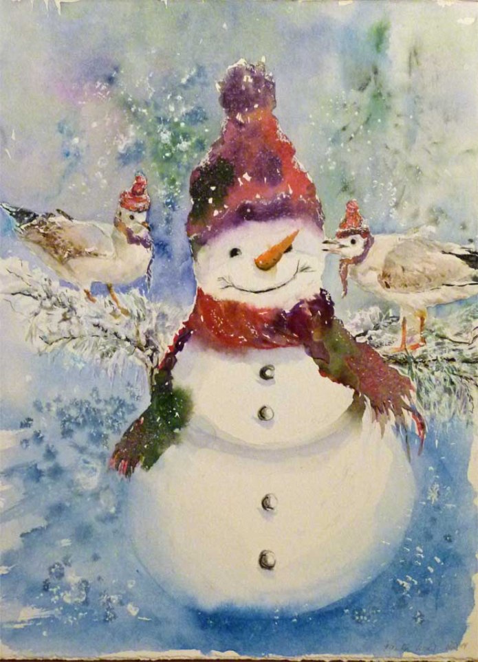 Weihnachtsgrüße von der Ostsee (c) ein Schneemann in Aquarell von Hanka Koebsch