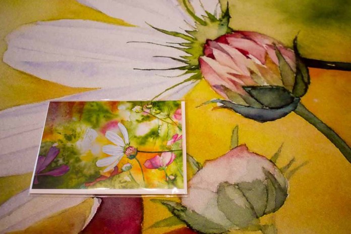 Kunstkarte und Details aus dem Druck des Aquarells -Farbspiele des Frühlings (c) FRank Koebsch