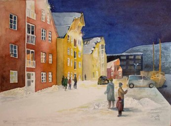 Winter am Kai von Tromsø (c) Aquarell von Frank Koebsch
