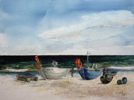 Fischerboote am Strand von Baabe (c) Aquarell von Frank Koebsch