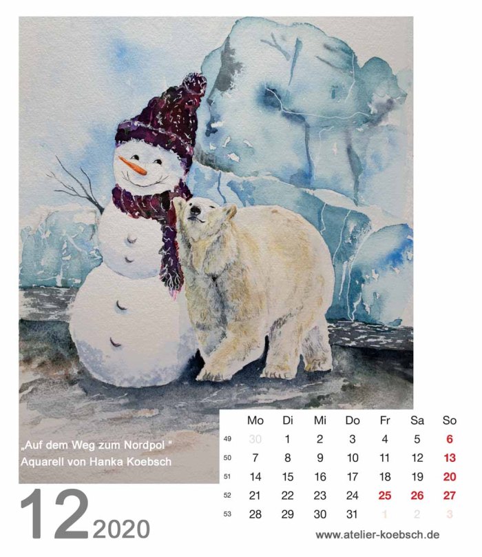 Kalenderblatt Dezember 2020 für den Kalender mit Aquarellen von Hanka & Frank Koebsch