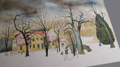 Die Farbtöne in den Bäumen und der stimmungsvolle Himmel sorgen für die passende Stimmung in meinem Winteraquarell „Schneemann bauen im Park“ © Frank Koebsch