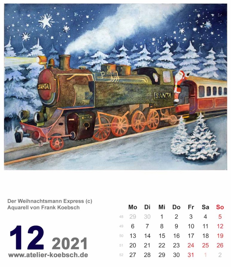 Kalenderblatt Dezember 2021 für den Kalender mit Aquarellen von Hanka & Frank Koebsch