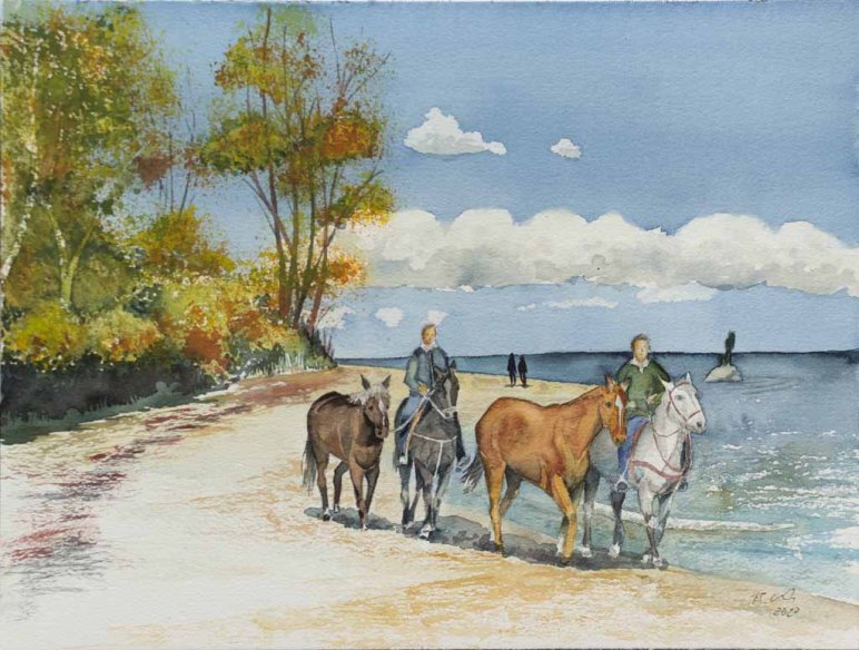 Reiten am Strand von Sellin (c) Aquarell von Frank Koebsch