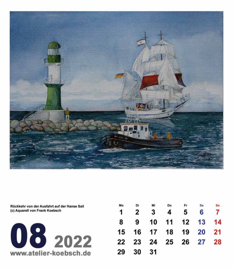 Kalender 2022 mit Aquarellen von Hanka & Frank Koebsch - Kalenderblatt August