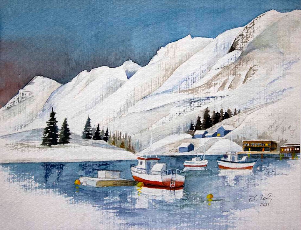 Fischerboote im norwegischen Winter (c) Aquarell von Frank Koebsch