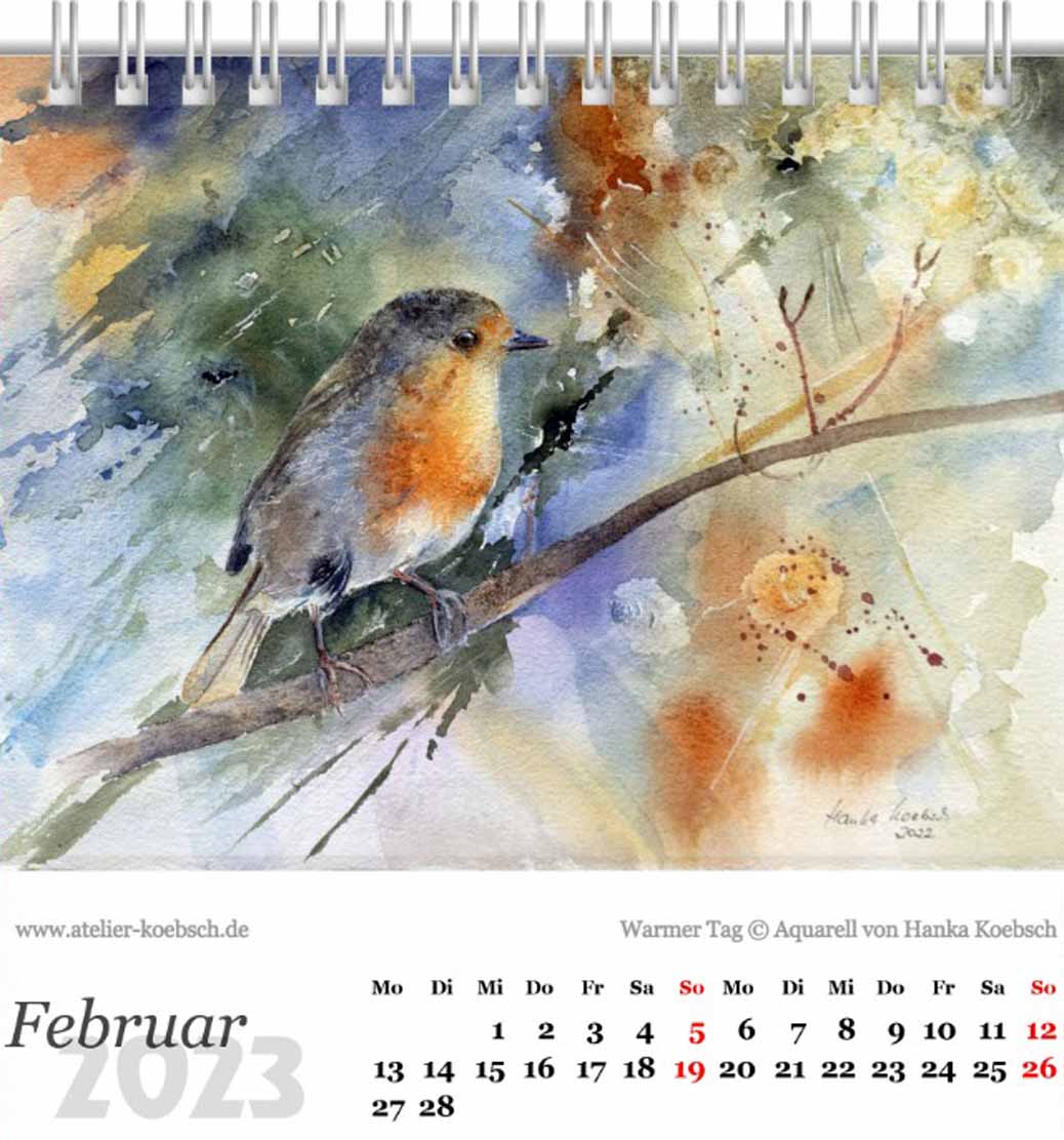 Kalender 2023 mit einer Auswahl von Aquarellen von Hanka & Frank Koebsch – Kalenderblatt Februar