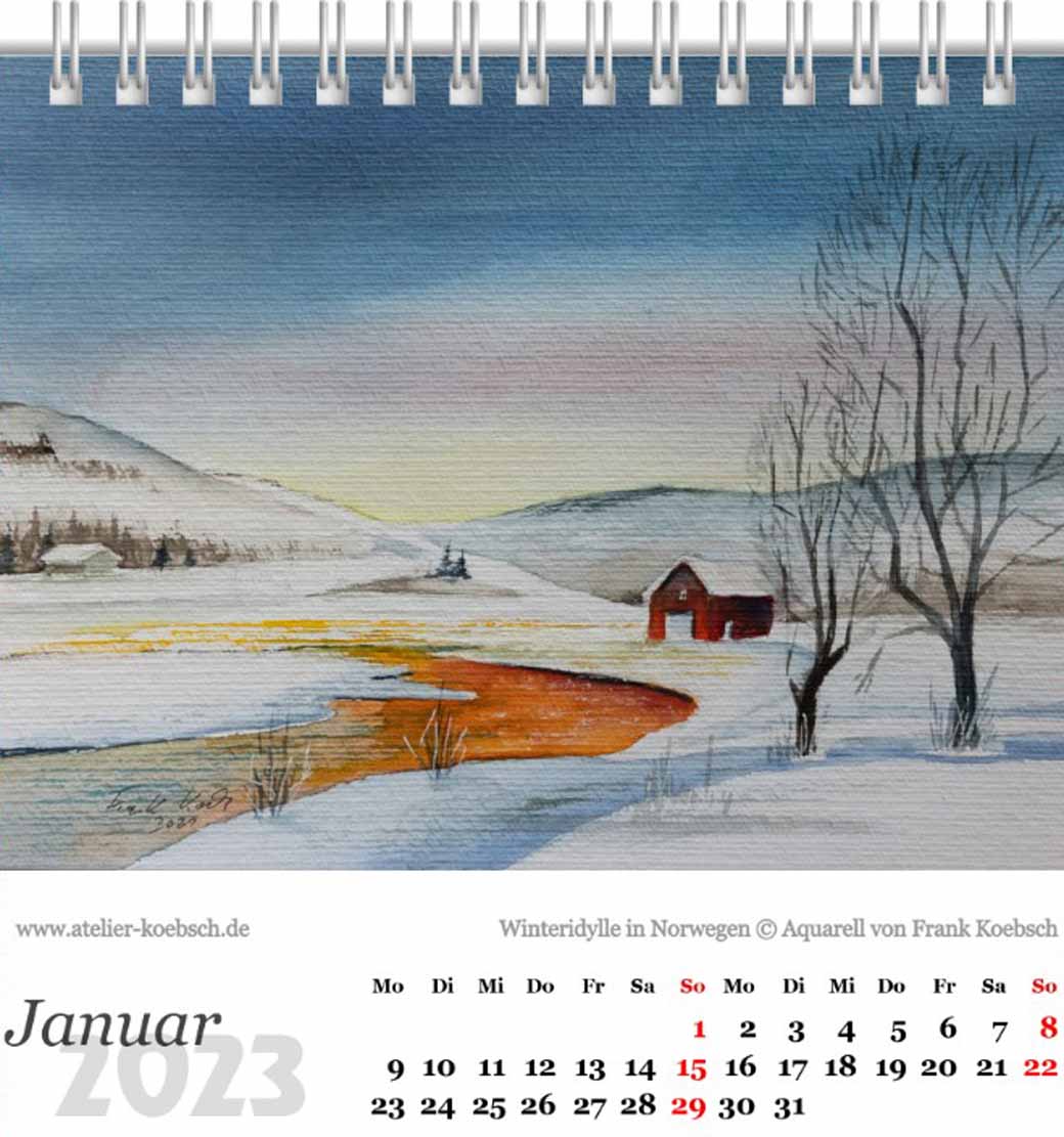 Kalender 2023 mit einer Auswahl von Aquarellen von Hanka & Frank Koebsch – Kalenderblatt Januar