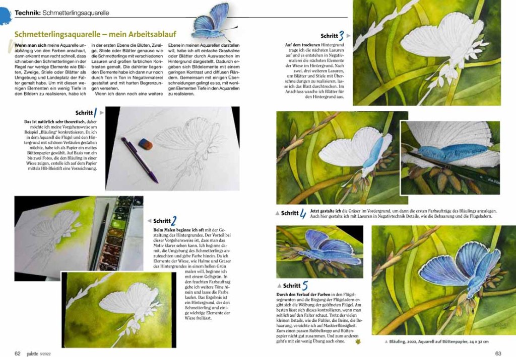 Spiel mit Farben und Kontrasten – Schmetterlingsaquarelle von Frank Koebsch - Palette Magazin – Ausgabe 5 - 2022 - S 18 und 19
