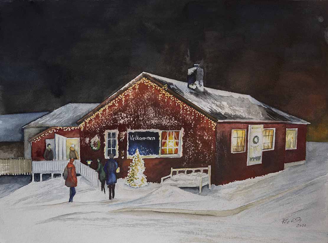 Besuch in Heidis Weihnachtsmannhaus am Nordkap (c) Aquarell von Frank Koebsch