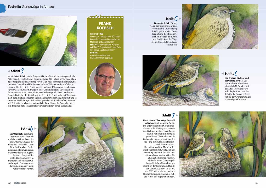 Schau mal, wer da fliegt - Frank Koebsch berichtet über seine Aquarelle mit Gartenvögel im Palette Magazin 3 - 2023 S 22 und 23