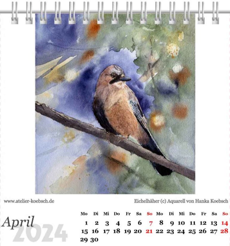 Kalenderblatt April 2024 aus dem Kalender mit Aquarellen von Hanka & Frank Koebsch