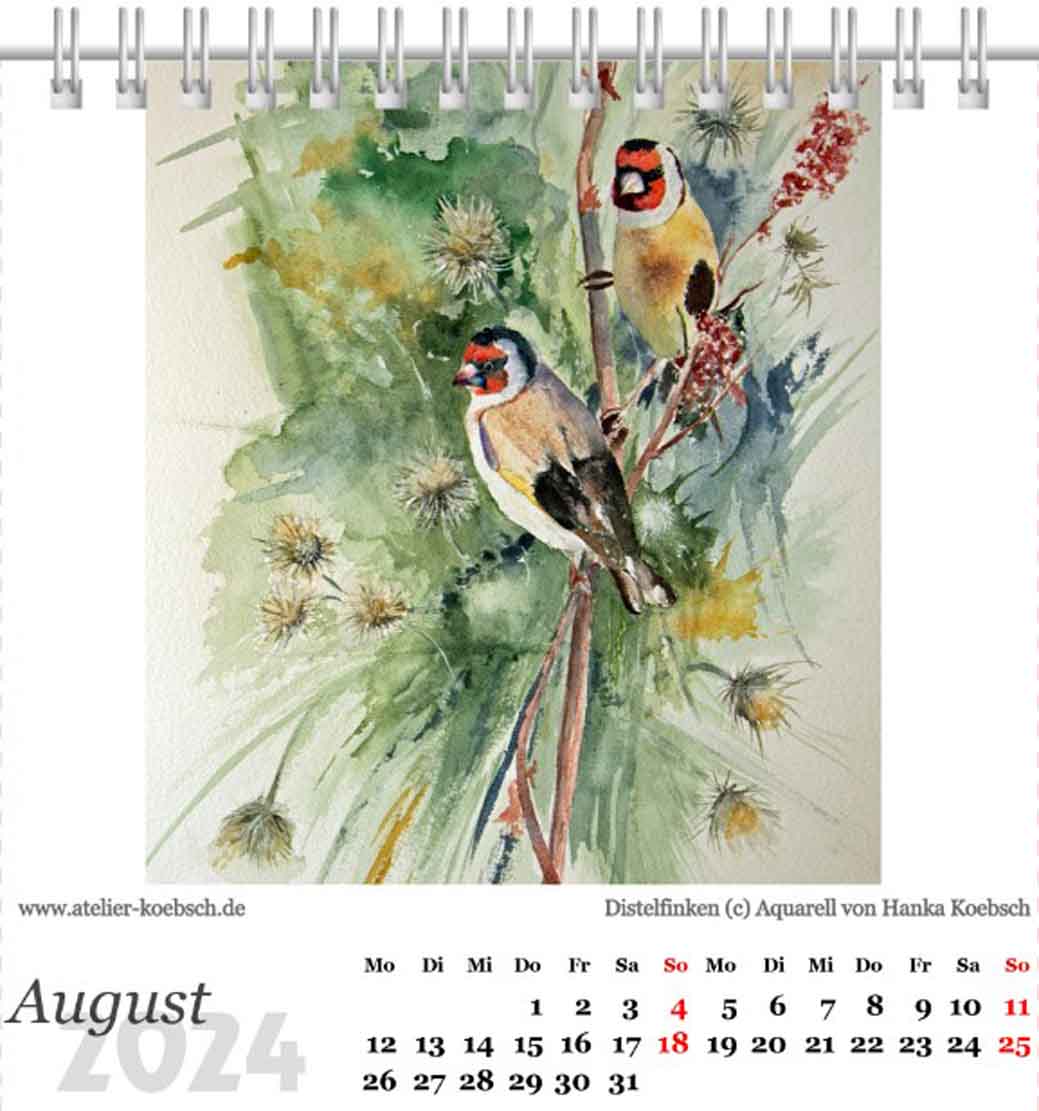 Kalenderblatt August 2024 aus dem Kalender mit Aquarellen von Hanka & Frank Koebsch