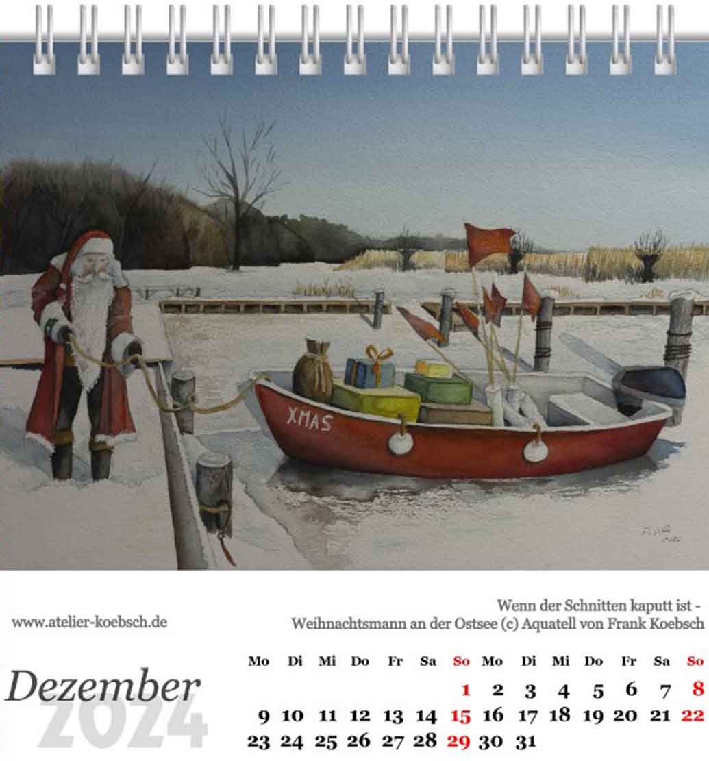 Kalenderblatt Dezember 2024 aus dem Kalender mit Aquarellen von Hanka & Frank Koebsch