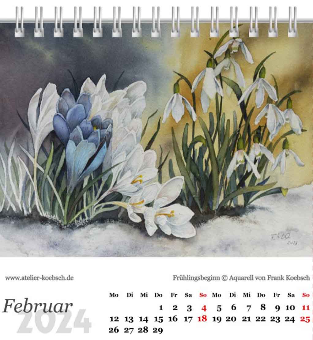 Kalenderblatt Februar 2024 aus dem Kalender mit Aquarellen von Hanka & Frank Koebsch