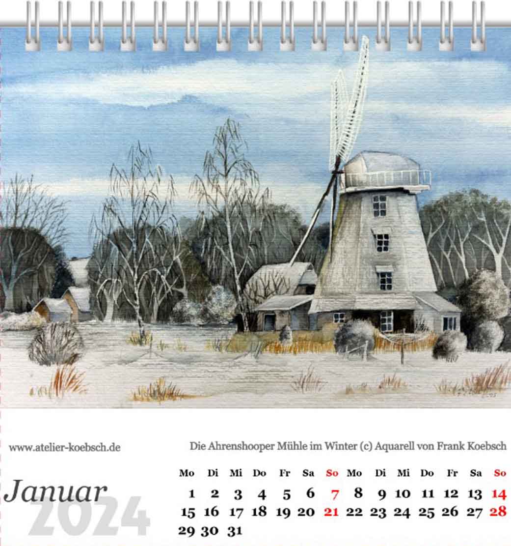 Kalenderblatt Januar 2024 aus dem Kalender mit Aquarellen von Hanka & Frank Koebsch