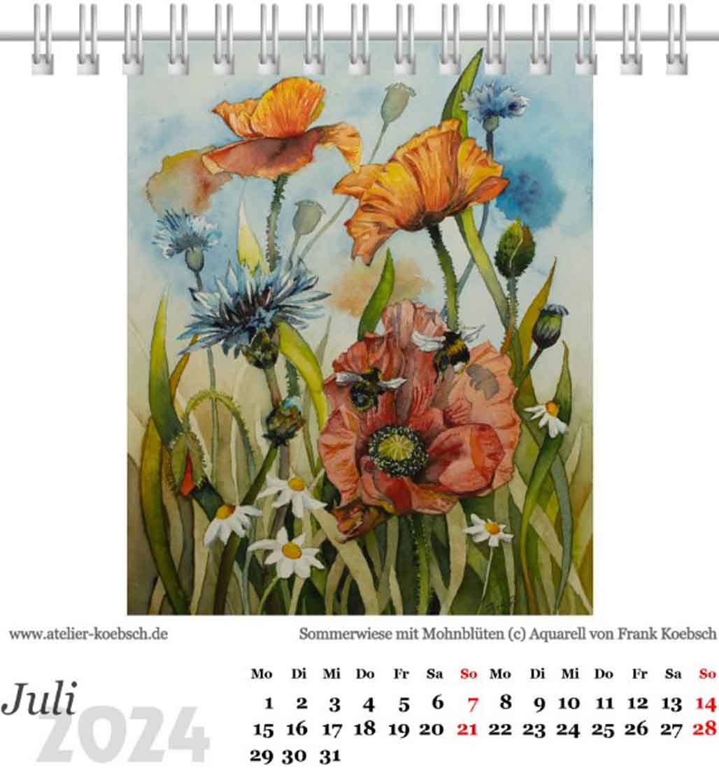 Kalenderblatt Juli 2024 aus dem Kalender mit Aquarellen von Hanka & Frank Koebsch