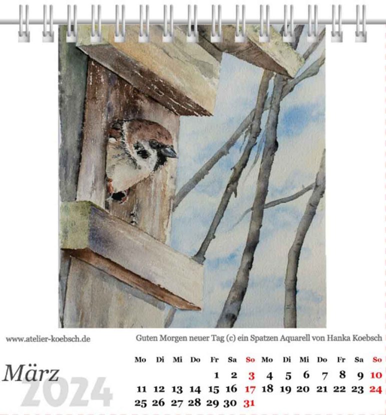 Kalenderblatt März 2024 aus dem Kalender mit Aquarellen von Hanka & Frank Koebsch