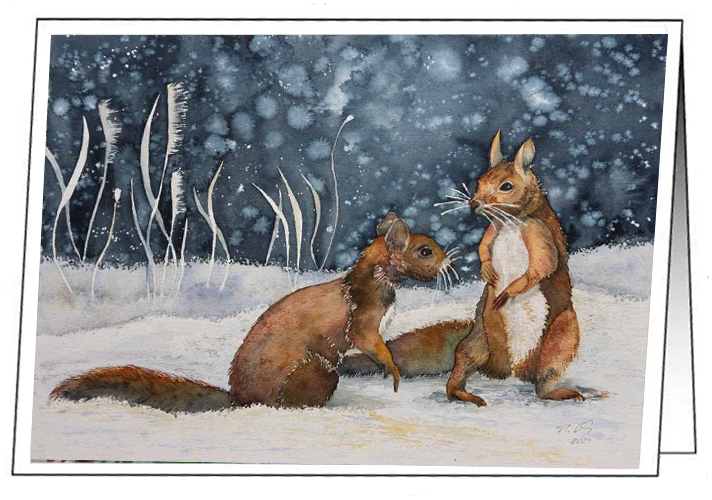 Kunstkarte mit Umschlag – Aquarell - Eichhörnchen im Schnee - von Frank Koebsch