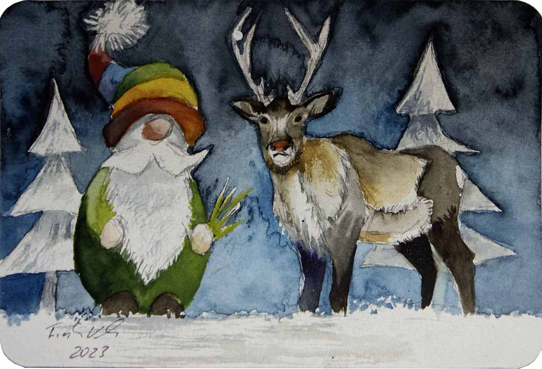 Wichtel und Rudolf das Rentier - die Helfer des Weihnachtsmanns © Aquarell als Miniatur von Frank Koebsch