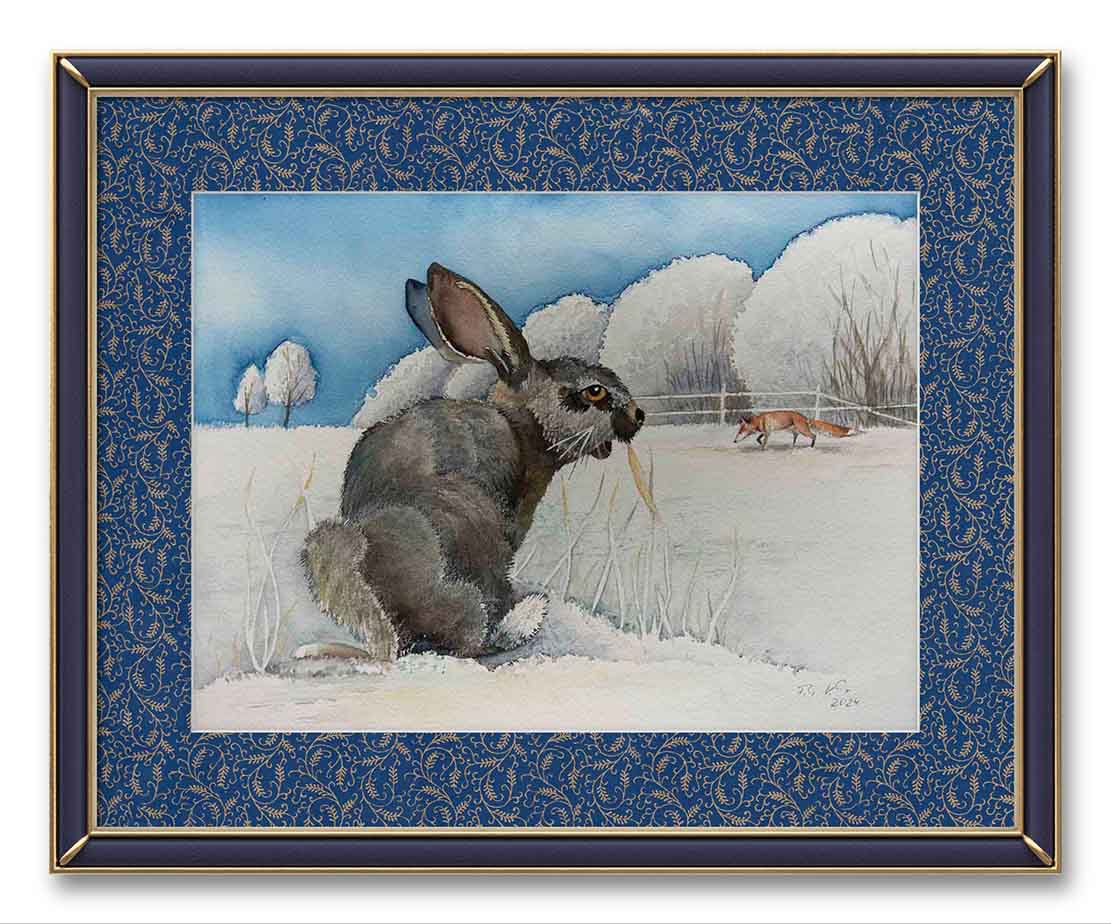 Begegnung von Fuchs und Hase im Schnee (c) Aquarell von Frank Koebsch - gerahmt