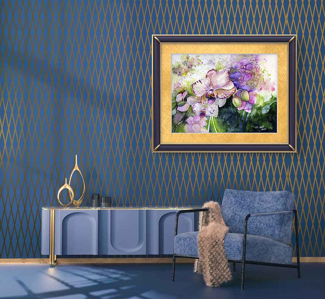 Farbspiel mit Orchideenblüten (c) Aquarell von Frank Koebsch - Beispiel 1 für eine Rahmung an einer Wand