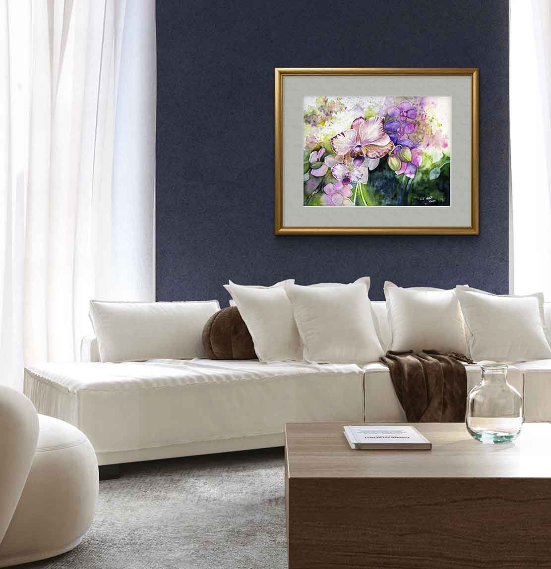 Farbspiel mit Orchideenblüten (c) Aquarell von Frank Koebsch - Beispiel 13für eine Rahmung an einer Wand