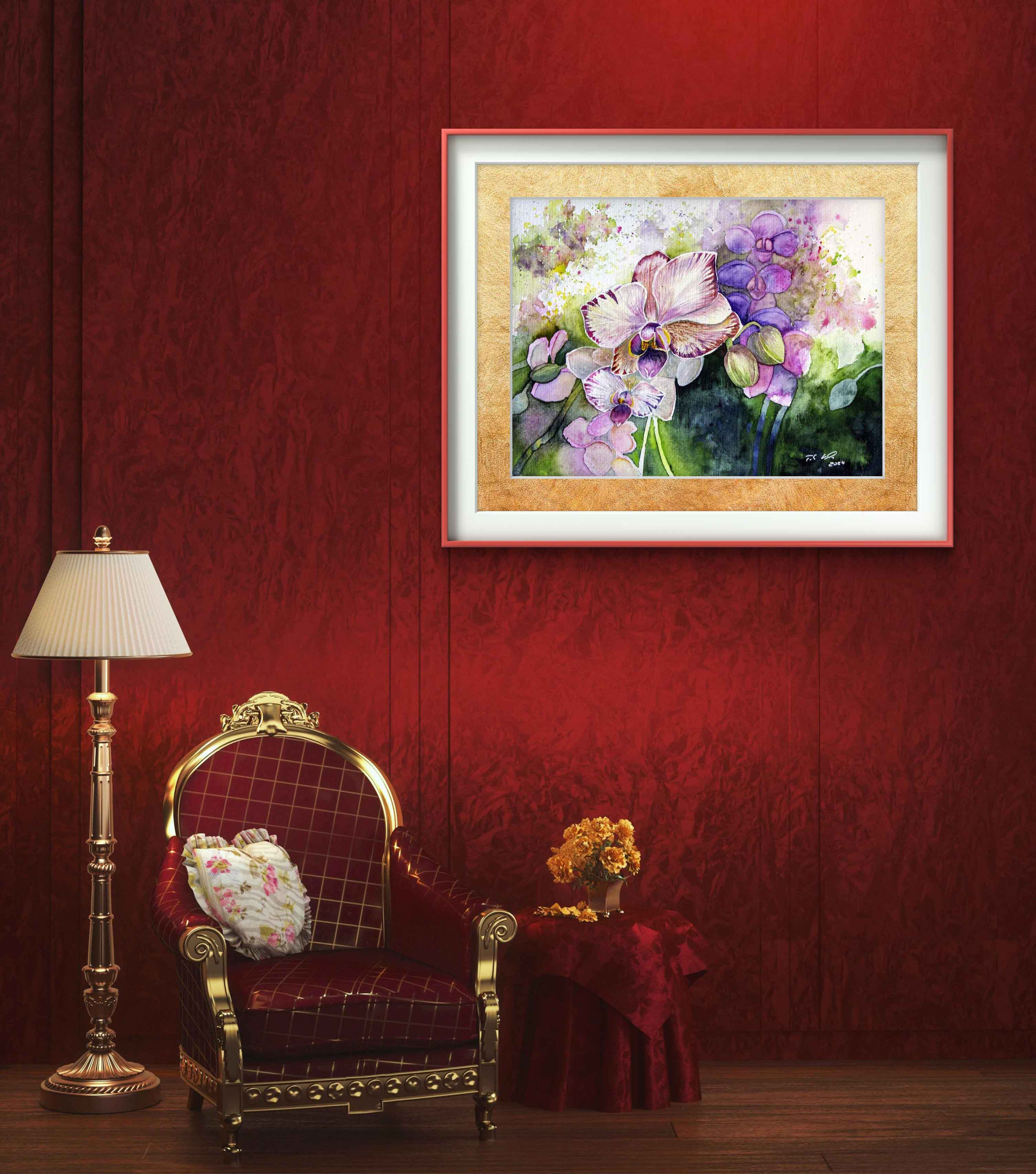 Farbspiel mit Orchideenblüten (c) Aquarell von Frank Koebsch - Beispiel 2 für eine Rahmung an einer Wand